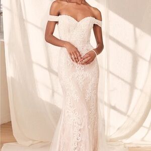 Lulu's Off-Shoulder Lace Wedding Dress in Cream